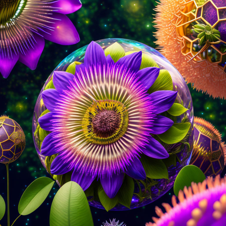 Digital Art: Purple Flower in Transparent Sphere with Virus-like Particles