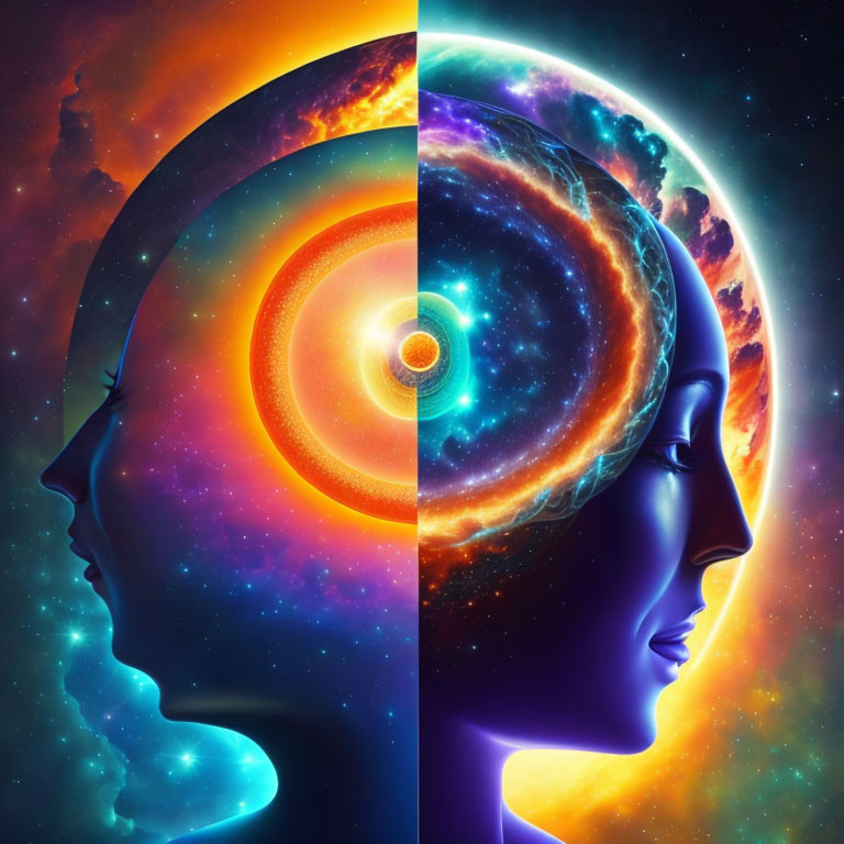 Artistic profiles of human heads against cosmic background with vibrant celestial and fractal elements inside.