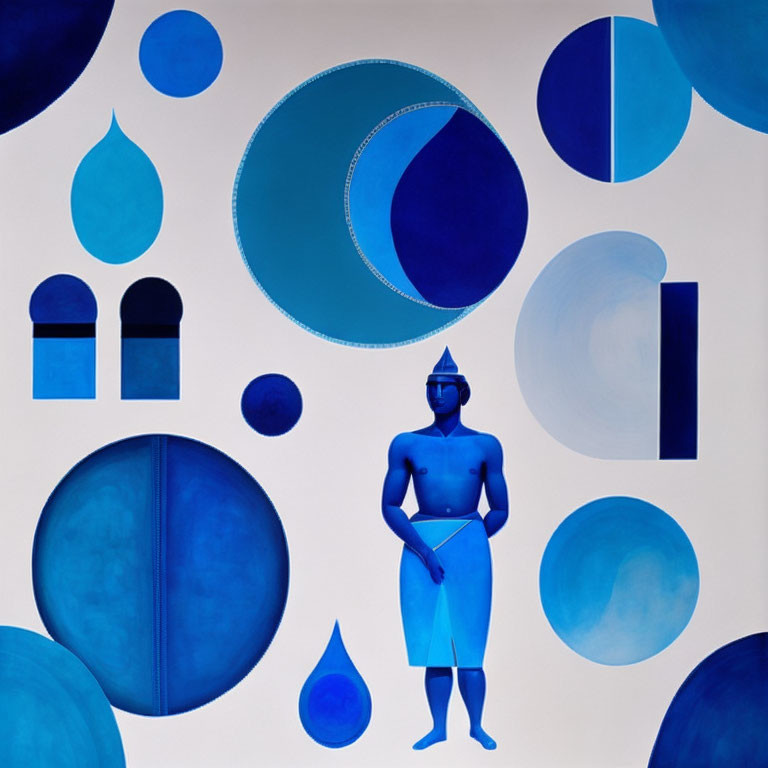 Blue Person Surrounded by Various Blue Shapes on White Background