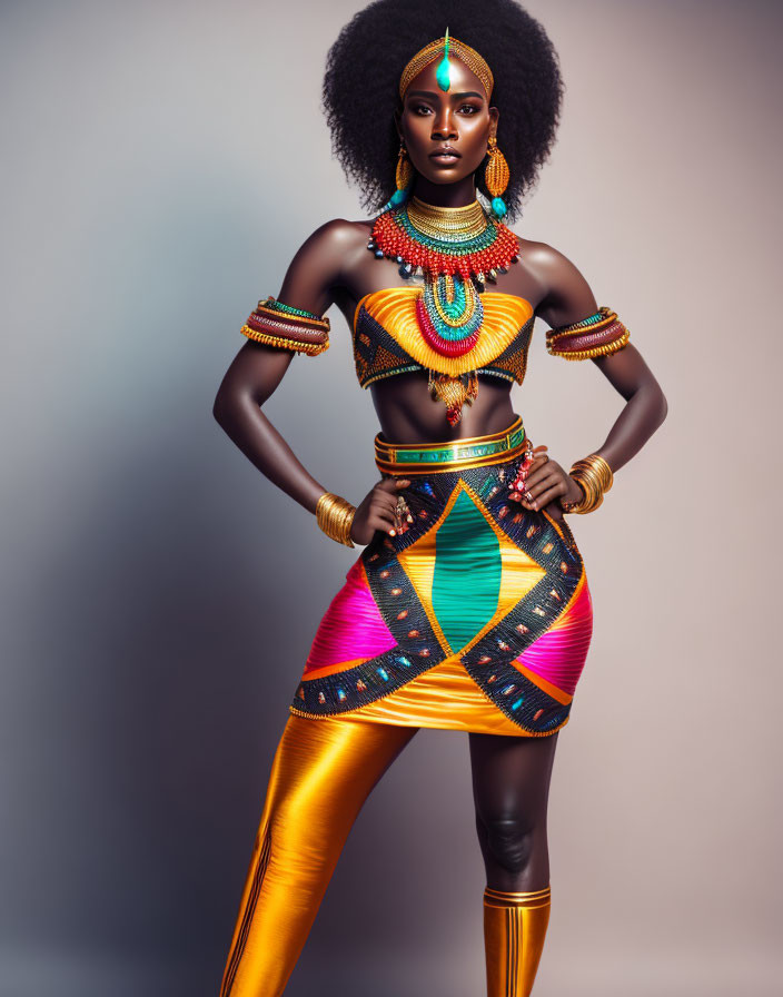 Vibrant African-Inspired Attire with Bold Patterns and Colorful Accessories