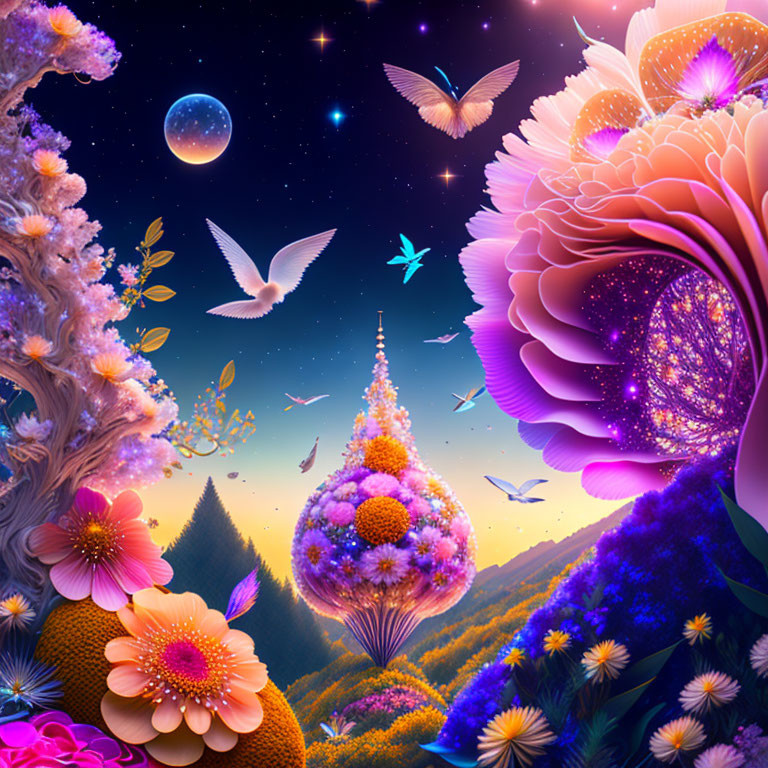 Fantasy landscape with massive flowers, flying birds, glowing tree, and starry sky