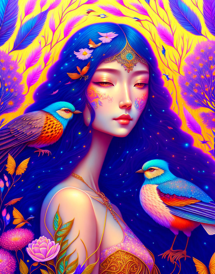 Illustrated woman with blue hair and birds in vibrant, floral fantasy scene