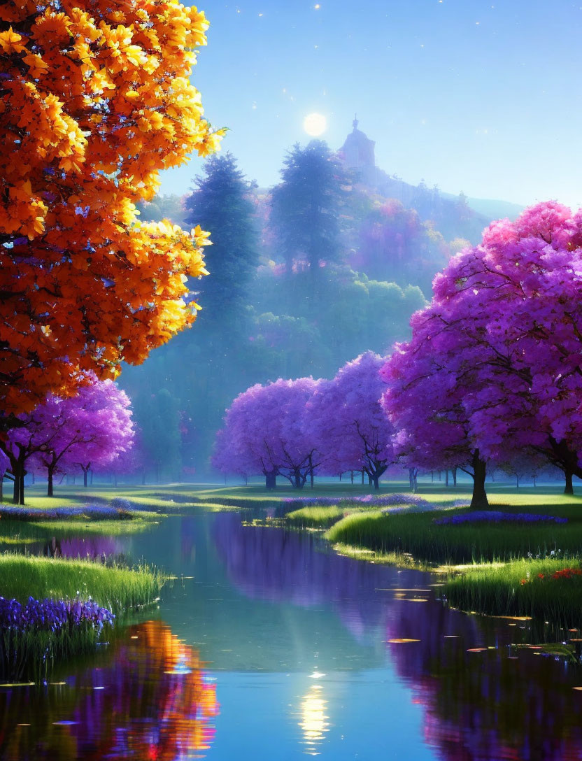 Tranquil landscape with orange and purple trees by river and distant castle