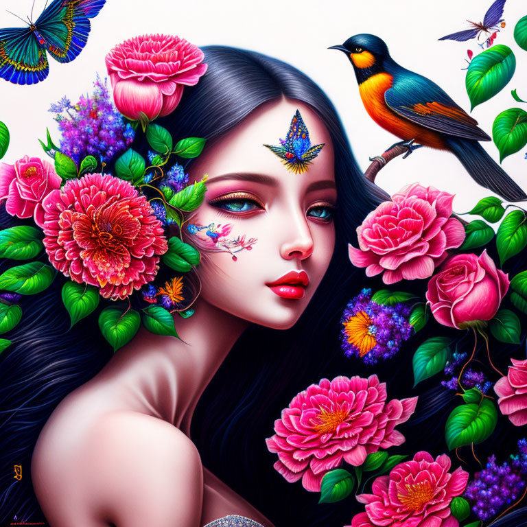 Portrait of woman with colorful flowers, butterfly, and bird.