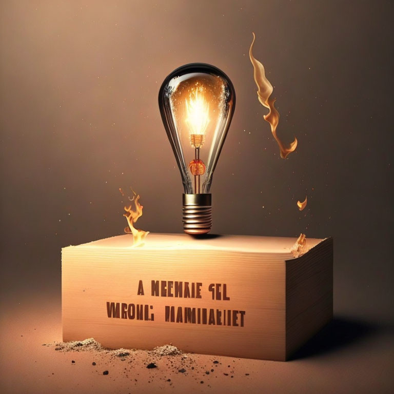 Glowing light bulb on open book with flaming pages symbolizing burning knowledge.