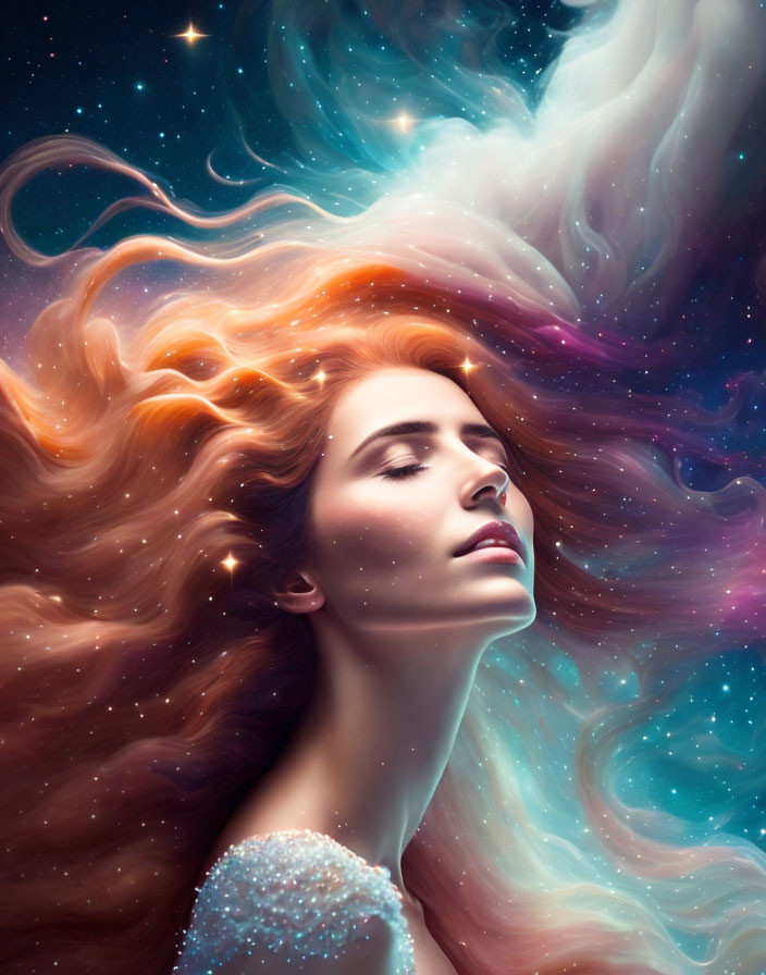 Woman with Flowing Hair in Cosmic Nebulae Background