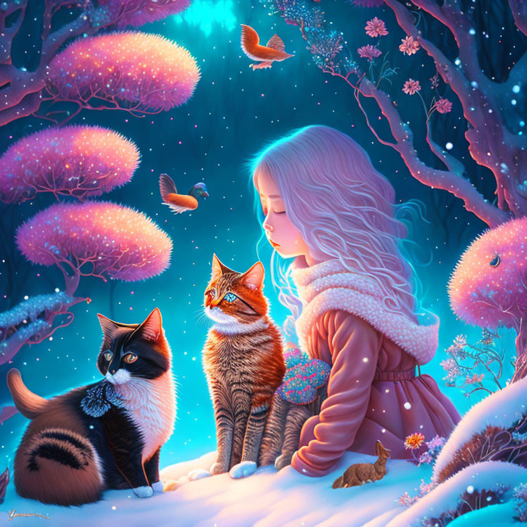 Girl in winter coat with two cats in whimsical snow-covered landscape