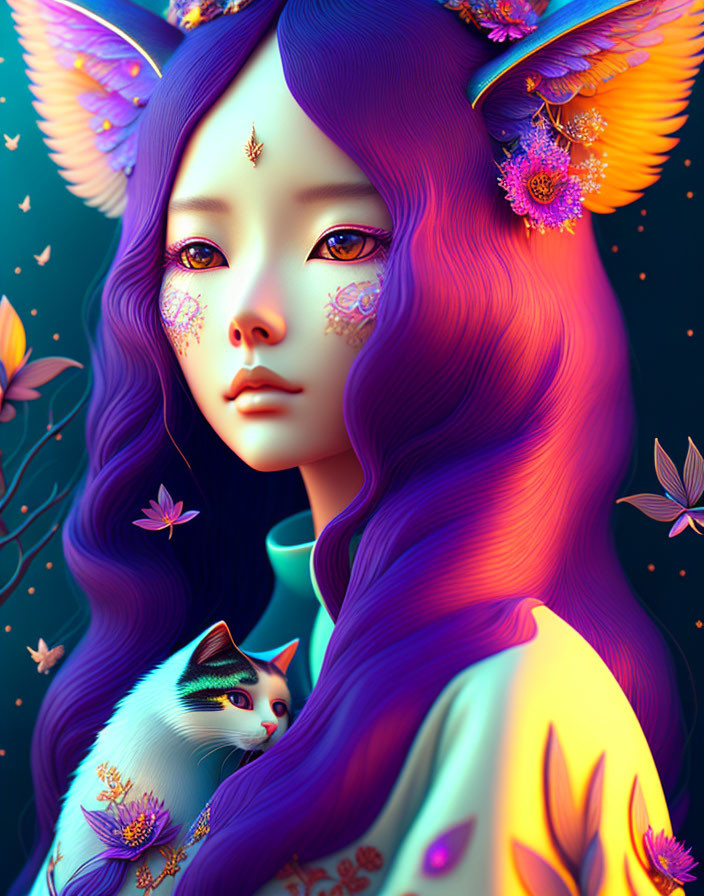 Illustration of girl with purple hair and fox-like ears holding a cat on dark floral backdrop