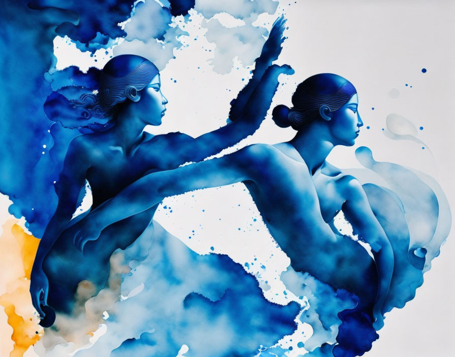 Blue stylized figures intertwined on vivid watercolor background