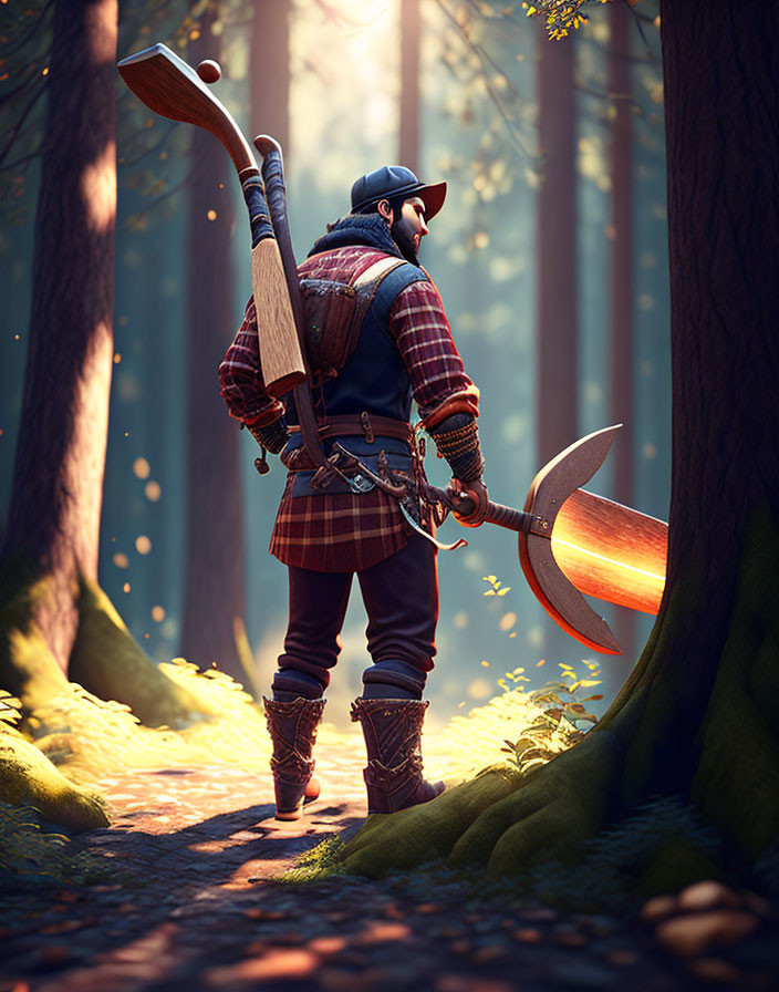 Stylized digital illustration of lumberjack in sunlit forest