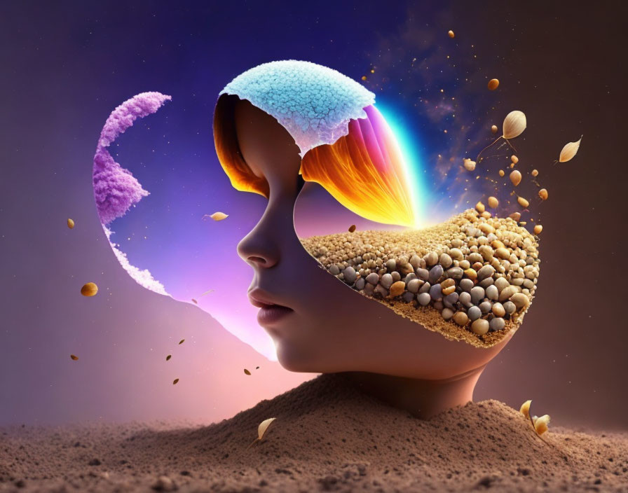 Surreal head profile with snow to desert transition and cosmic background