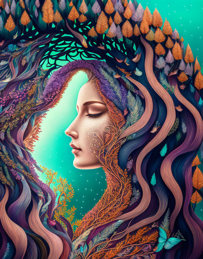 Colorful woman's profile with intricate floral and tree-like patterns on teal background