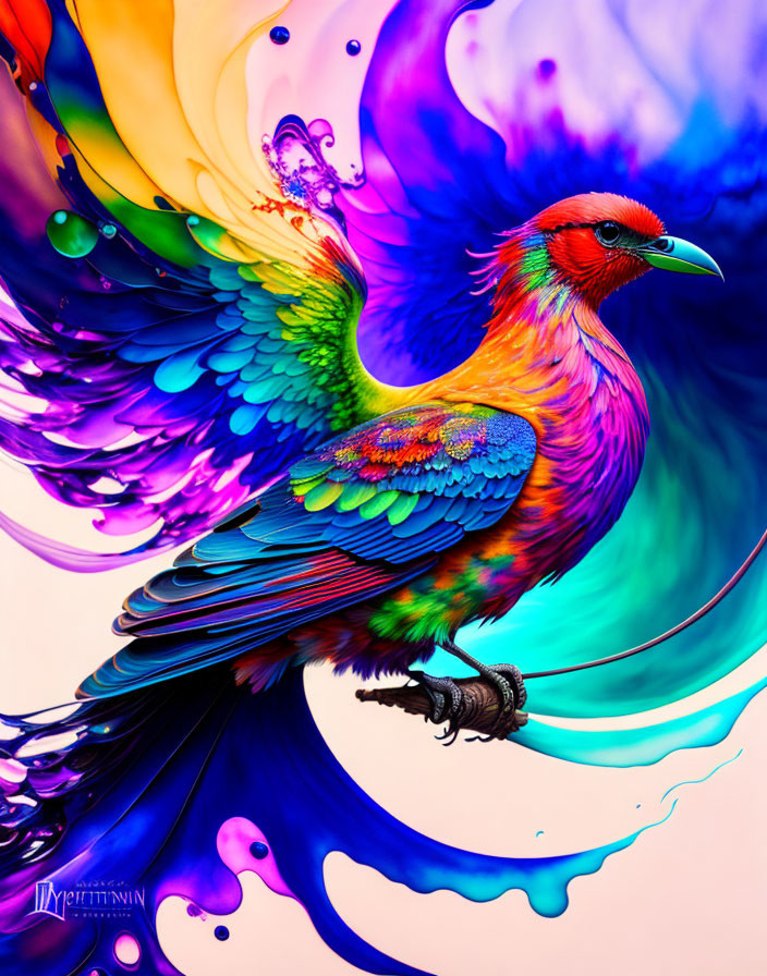 Colorful Bird Artwork with Abstract Background in Blues, Purples, and Greens