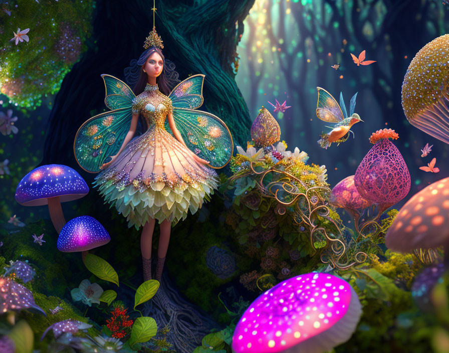 Illustration of fairy with butterfly wings in enchanted forest