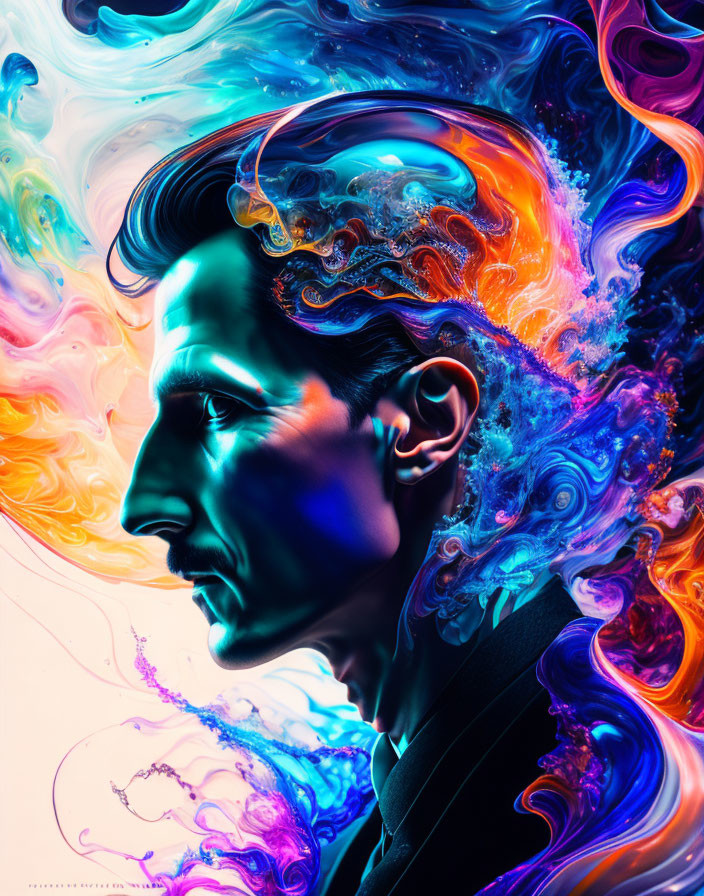 Abstract portrait with swirling, vibrant colors emitting from the head