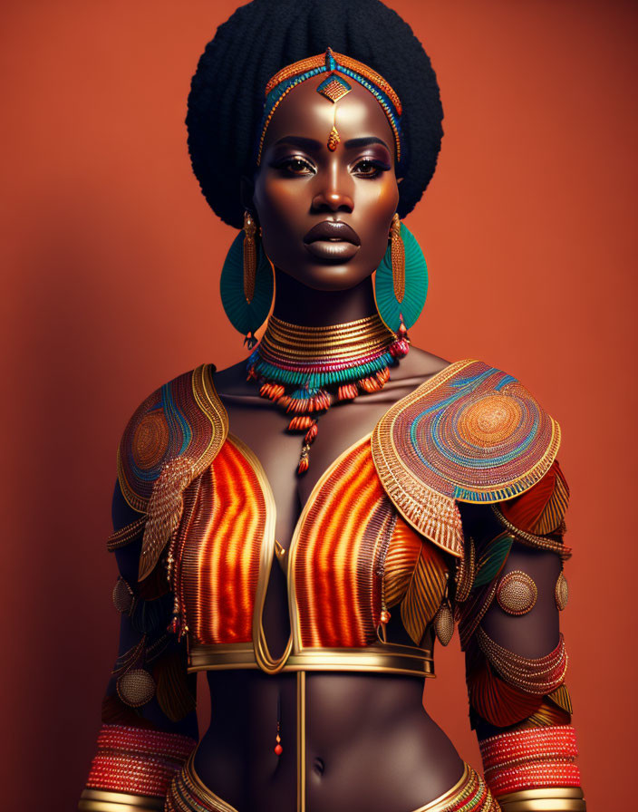 Traditional African-inspired Jewelry and Attire in Vibrant Colors Against Orange Backdrop