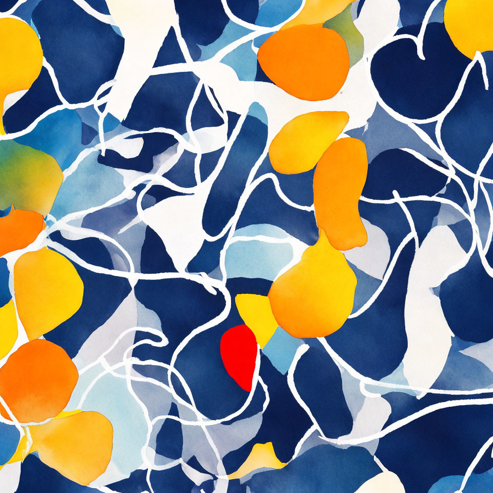 Vibrant abstract watercolor painting with blue, yellow, orange, and red splashes on white