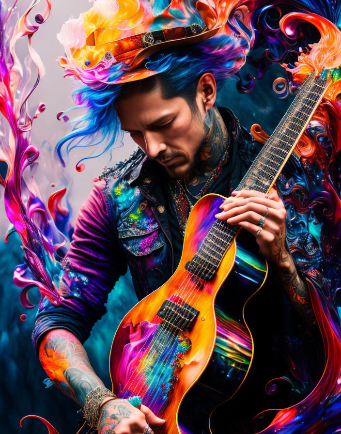 Colorful tattooed man playing guitar in vibrant teal setting