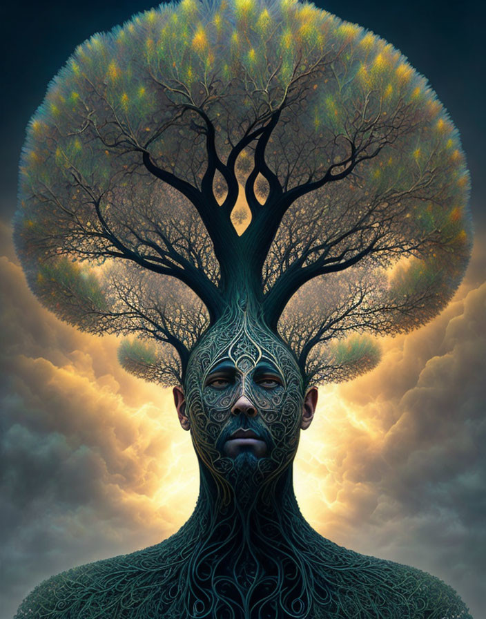 Surreal figure with tree head under twilight sky