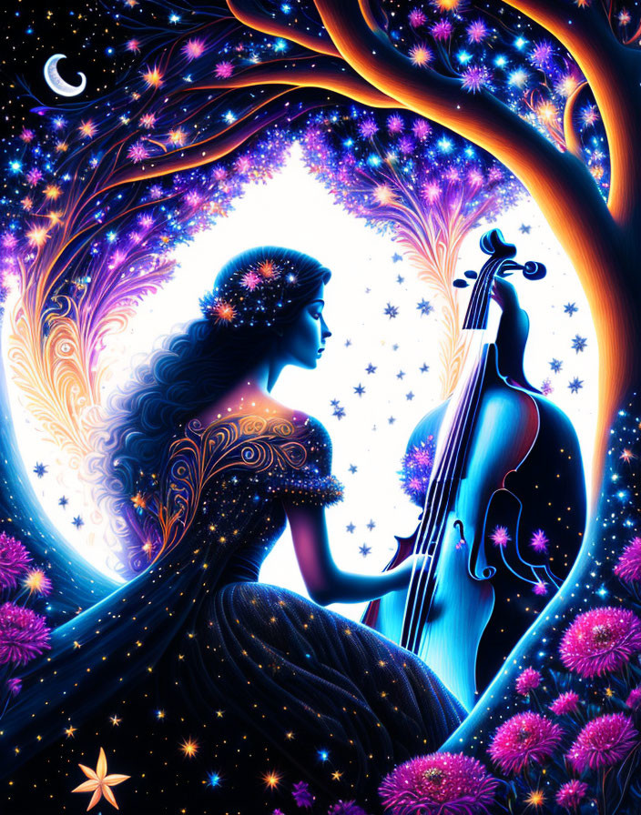 Woman playing cello under cosmic tree in digital art