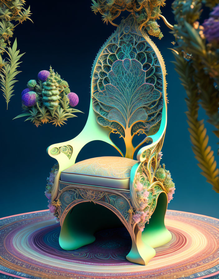 Fantasy-style ornate chair with intricate patterns in vibrant plant-filled setting