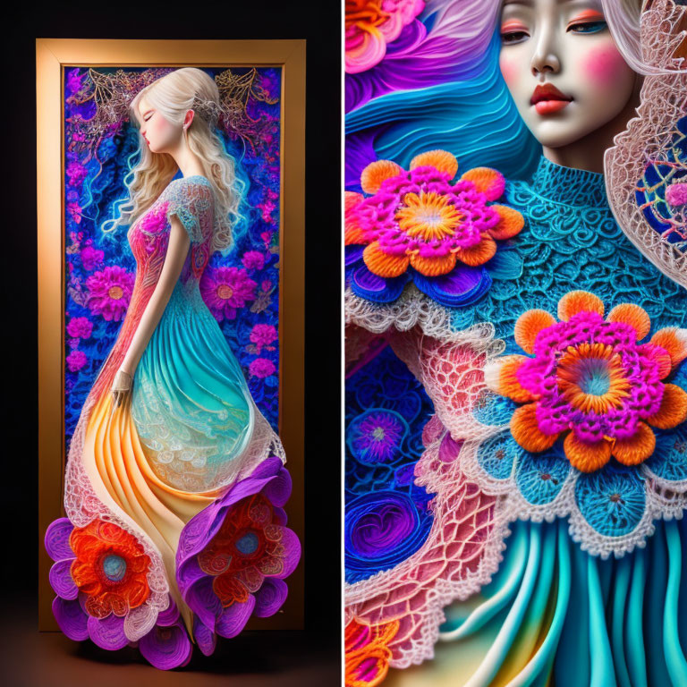 Colorful diptych artwork: Women with floral details & vivid contrasts.