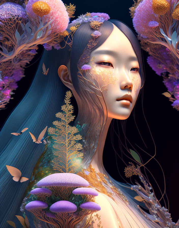 Surreal portrait of woman with botanical elements and butterflies on dark backdrop