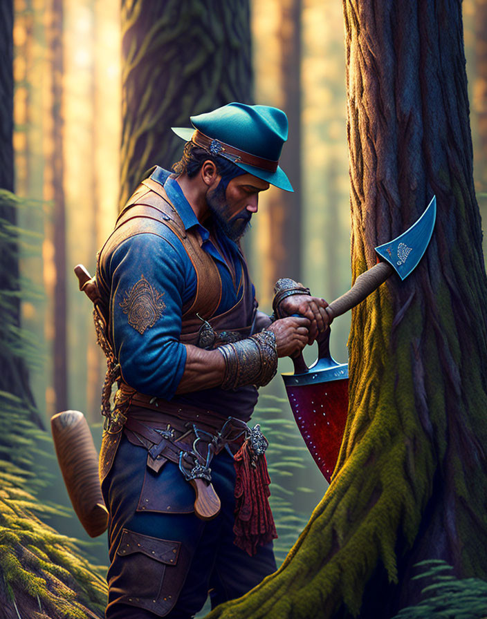 Medieval bearded man with axe and shield in forest setting