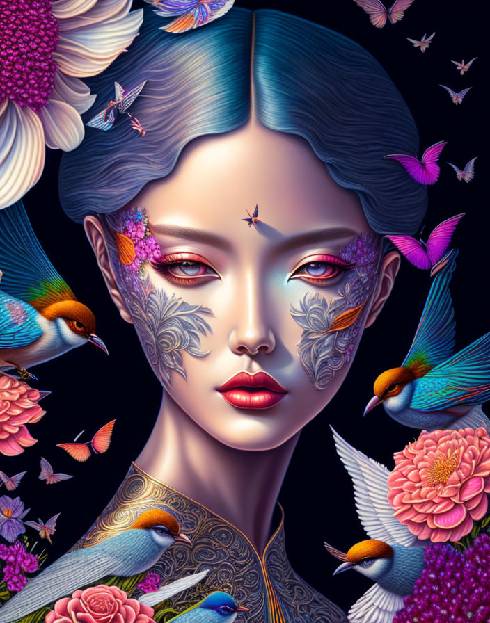 Vibrant surreal illustration of woman with birds and flowers