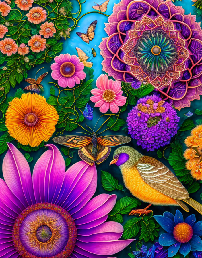 Colorful digital artwork: Flowers, bird, and butterflies on teal background