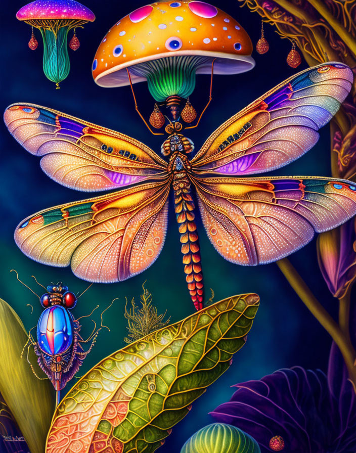 Detailed digital painting of vibrant butterfly and beetle in neon forest.