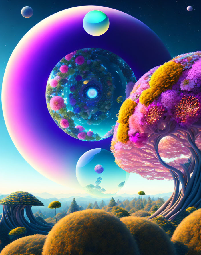 Colorful surreal landscapes with fantastical elements in digital artwork.