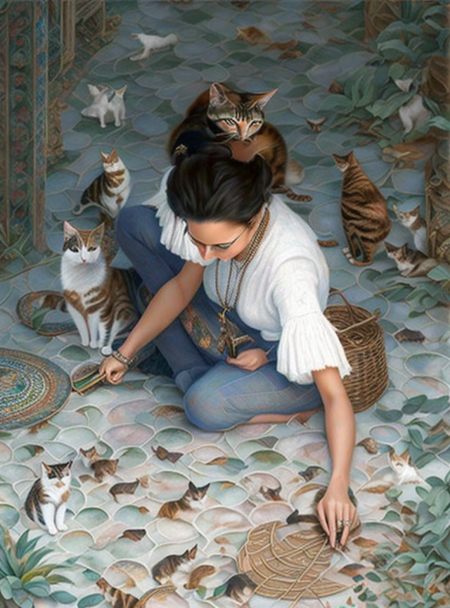 Woman with Cats on Tiled Floor and Mosaic Background