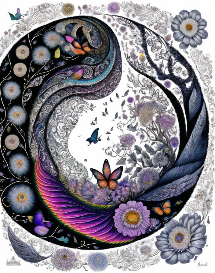 Symmetrical flora and fauna illustration with vibrant swirling pattern