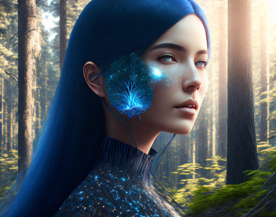 Digital art portrait: Woman with blue hair and glowing feather motif in forest setting