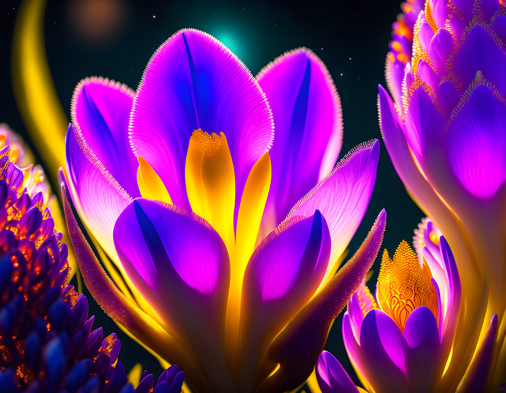 Colorful digitally-enhanced flowers on dark background with bokeh effect