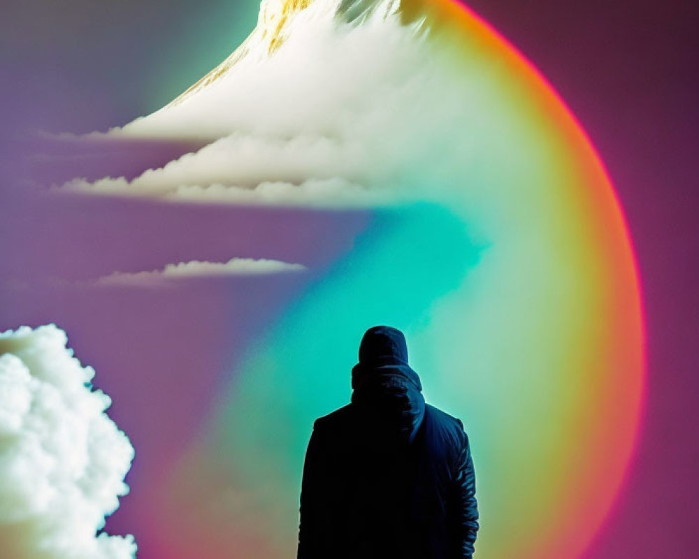 Colorful digital wave above person amidst clouds.