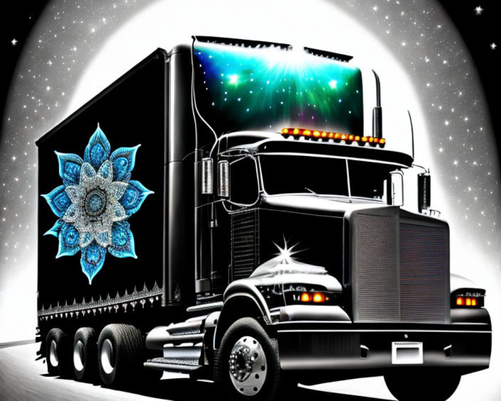 Stylized black semi-truck with blue patterns under starry sky