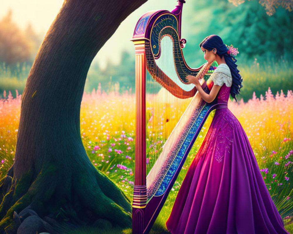 Woman in Purple Gown Playing Harp in Flower-Filled Meadow at Sunset