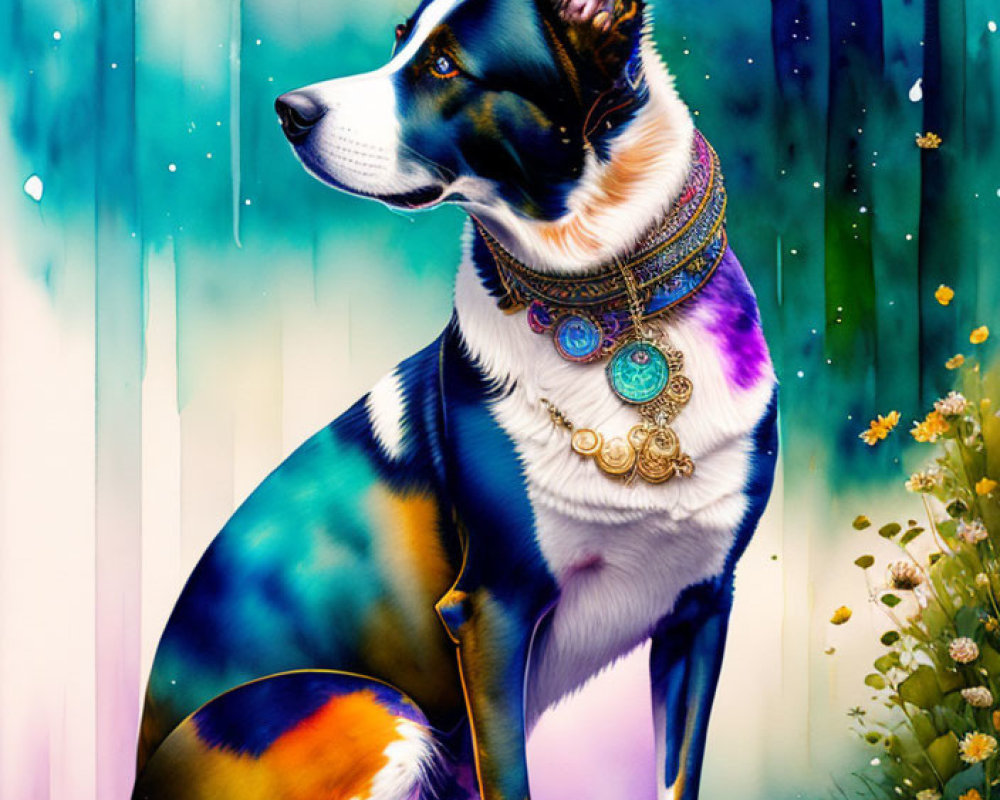 Vibrant Dog Illustration with Decorative Necklace and Flowers