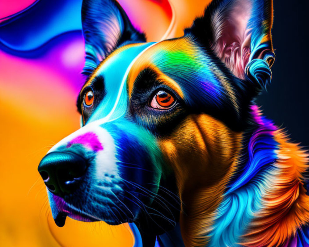 Vibrant digital art portrait of a colorful dog on abstract background