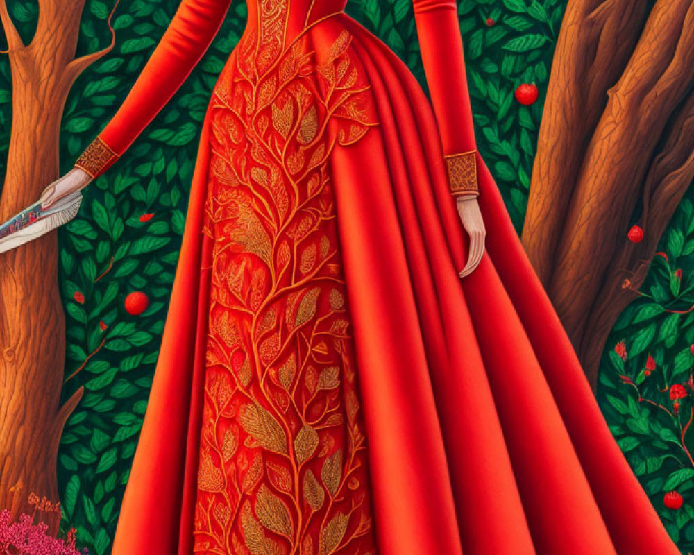 Surreal image: faceless figure in red dress among vibrant trees