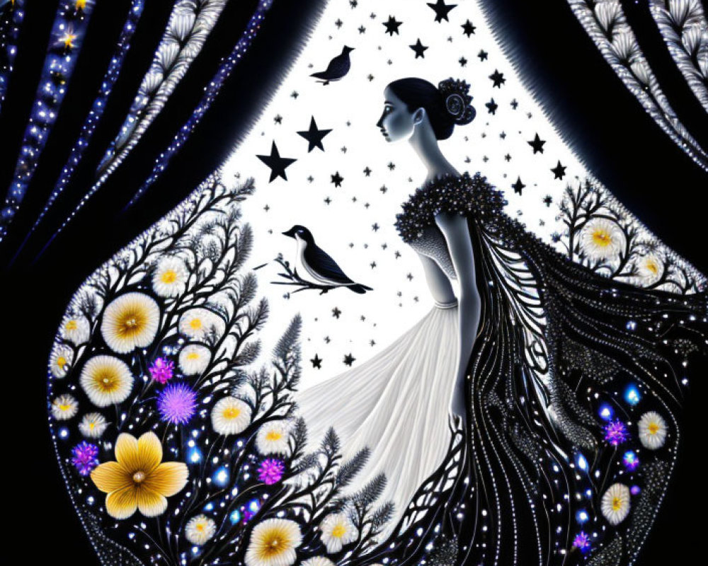 Stylized illustration of woman merging with cosmic scene