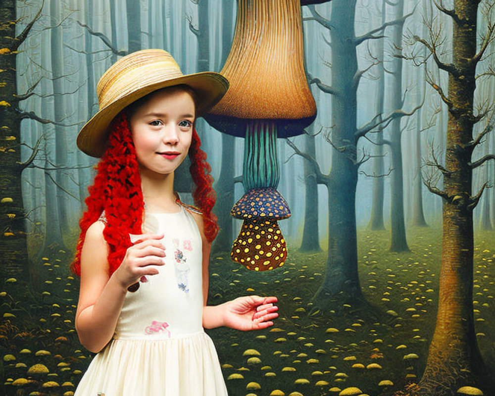 Red-haired girl in straw hat surrounded by oversized mushrooms in mystical forest