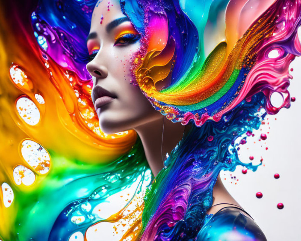 Colorful digital artwork: Woman with swirling hair and bubble circles