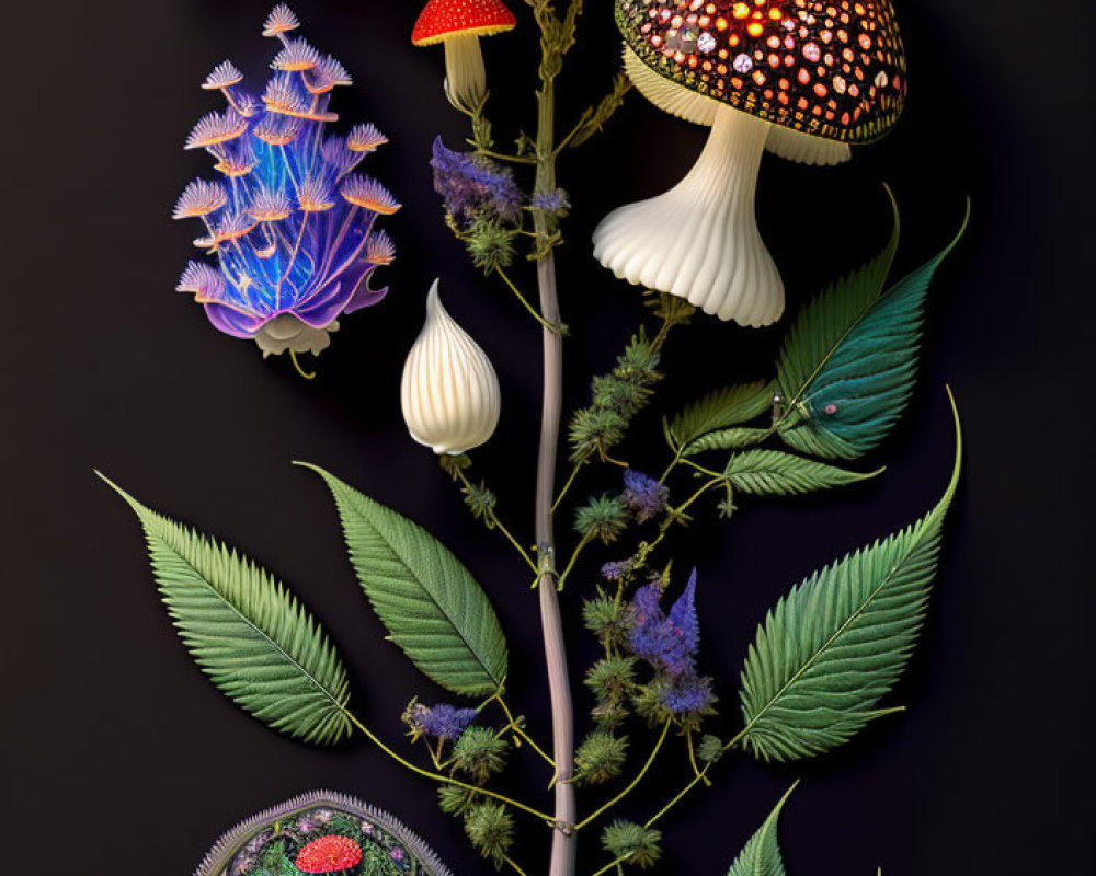 Colorful Bird Perched on Mushrooms and Ferns in Detailed Botanical Scene