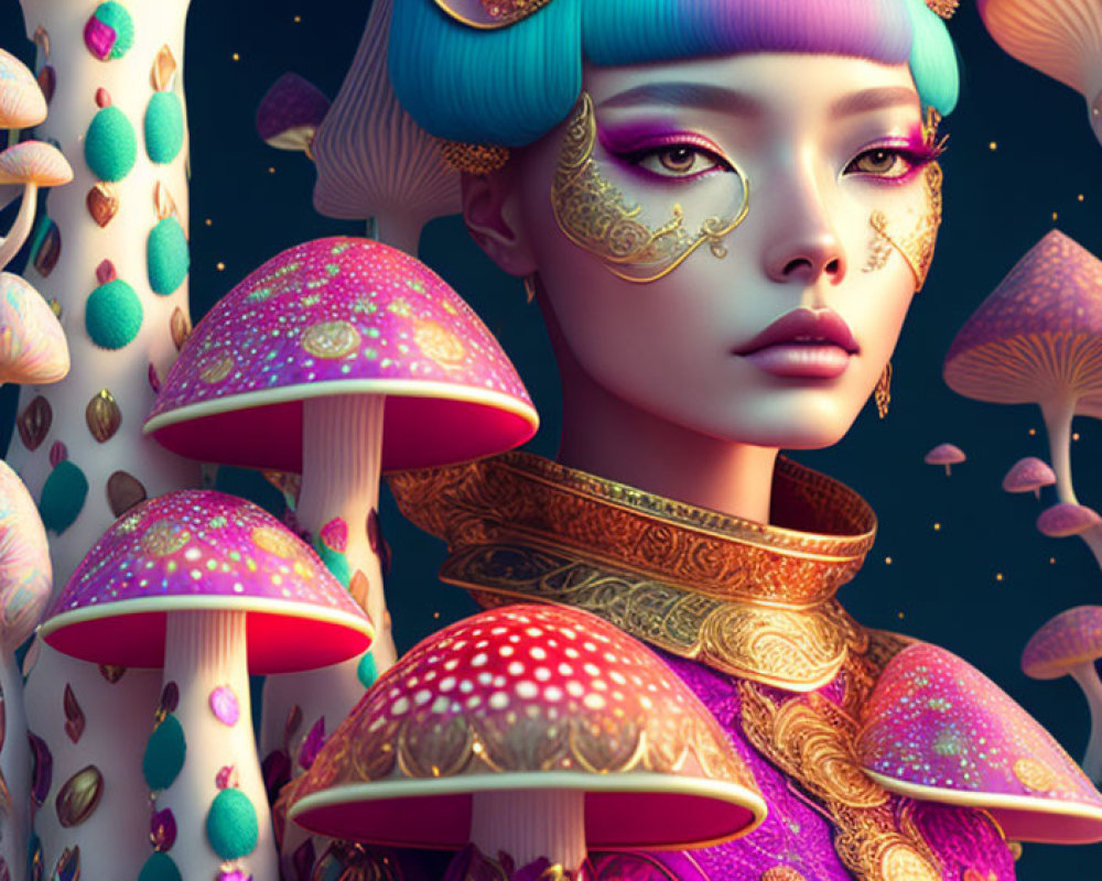 Colorful Hair and Cat Ears: Female Figure Amid Vibrant Mushrooms