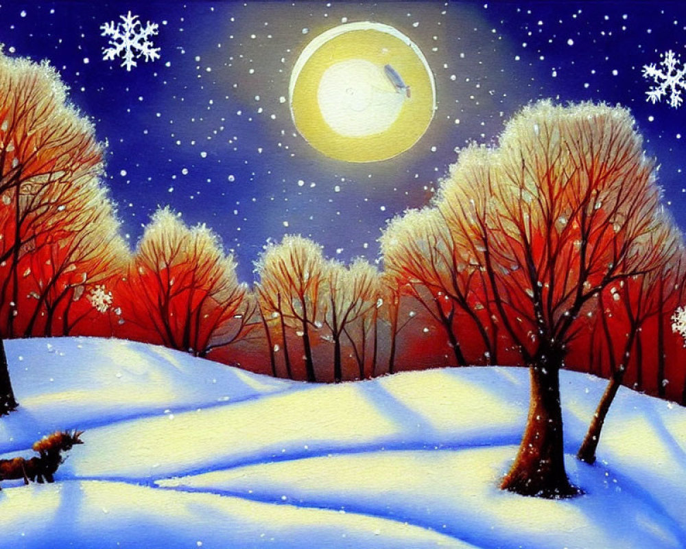 Snowy Night Landscape Painting with Full Moon, Falling Snowflakes, Red Trees, and Dog