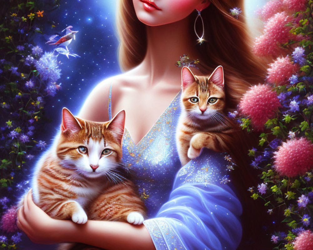 Ethereal woman with cats among vibrant flowers and birds