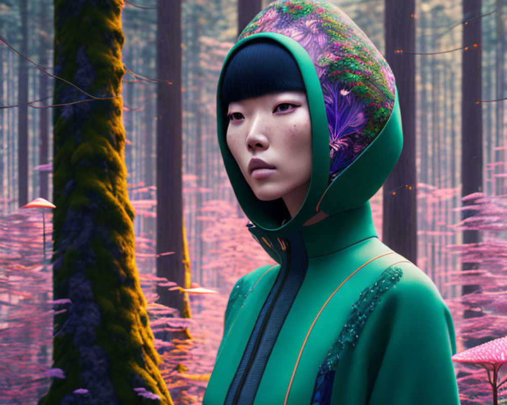 Person in Green Hooded Cloak Standing in Pink-Toned Mystical Forest